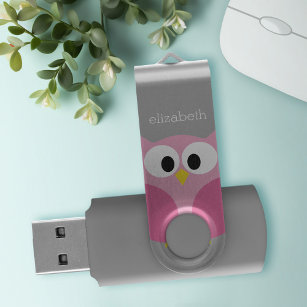 Cute Cartoon Owl - Pink and Grey Custom Name USB Flash Drive