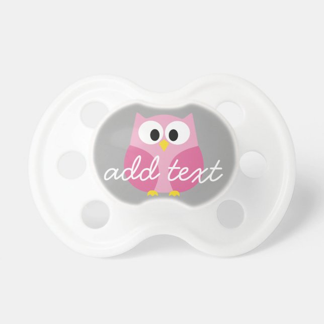 Cute Cartoon Owl - Pink and Grey Script Name Pacifier (Front)