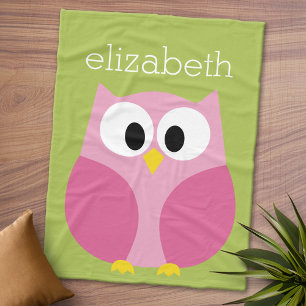Cute Cartoon Owl - Pink and Lime Green Fleece Blanket