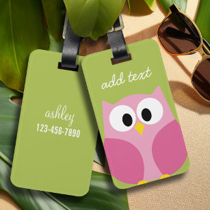 Cute Cartoon Owl - Pink and Lime Green Luggage Tag