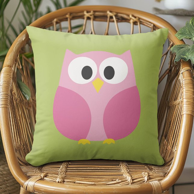 Cute Cartoon Owl - Pink and Lime Green Throw Pillow (Cute Whimsical Owl Pillow)