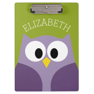 Cute Cartoon Owl Purple and Pistachio Custom Name Clipboard