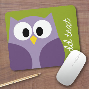 Cute Cartoon Owl Purple and Pistachio Custom Name Mouse Pad