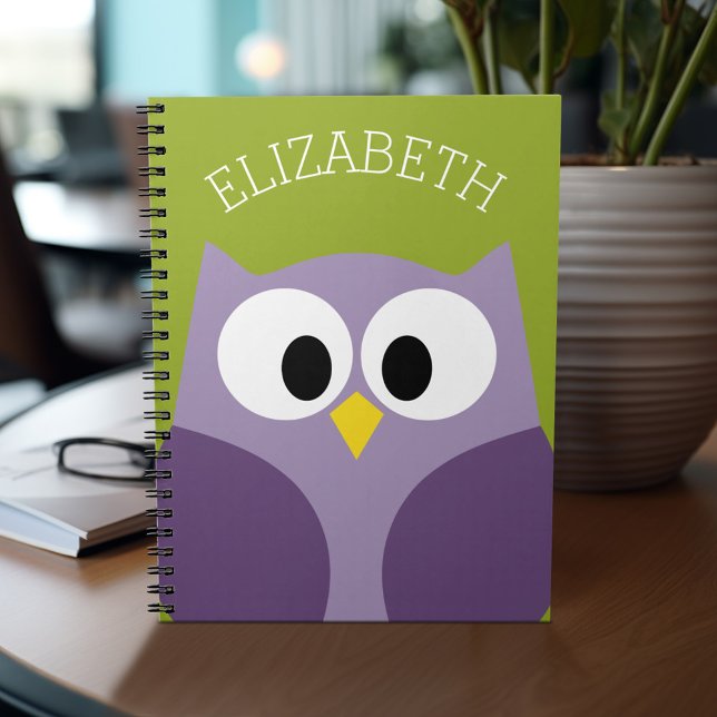 Cute Cartoon Owl Purple and Pistachio Custom Name Notebook (Personalized notebook - add name and custom text)