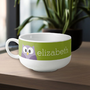 Cute Cartoon Owl Purple and Pistachio Custom Name Soup Mug