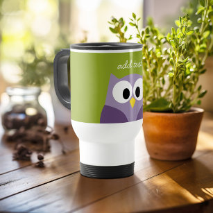 Cute Cartoon Owl Purple and Pistachio Custom Name Travel Mug