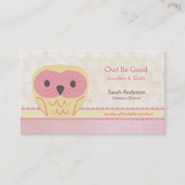 Cute Cartoon Owl Shabby Chic Pink Business Card (Front)