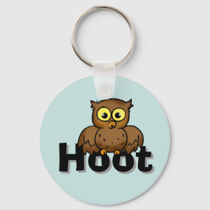 Cute Cartoon Owl Sitting On Hoot Word Art Keychain