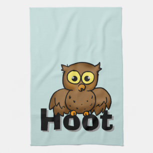 Cute Cartoon Owl Sitting On Hoot Word Art Kitchen Towel