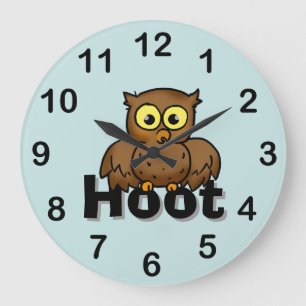 Cute Cartoon Owl Sitting On Hoot Word Art Large Clock