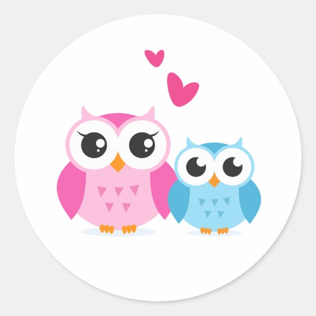 Cute cartoon owls with hearts classic round sticker (Front)