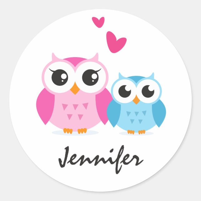 Cute cartoon owls with hearts personalized name classic round sticker (Front)