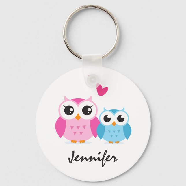 Cute cartoon owls with hearts personalized name keychain (Front)