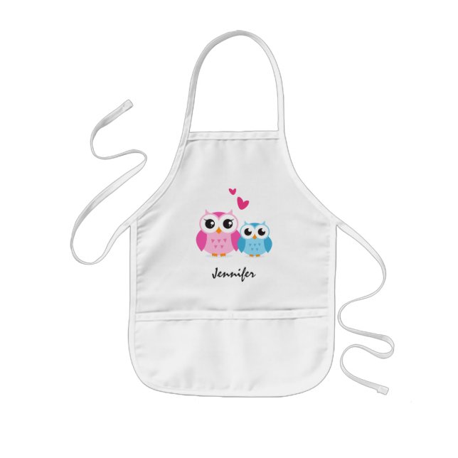 Cute cartoon owls with hearts personalized name kids apron (Front)