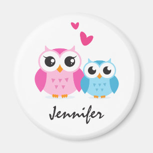 Cute cartoon owls with hearts personalized name magnet