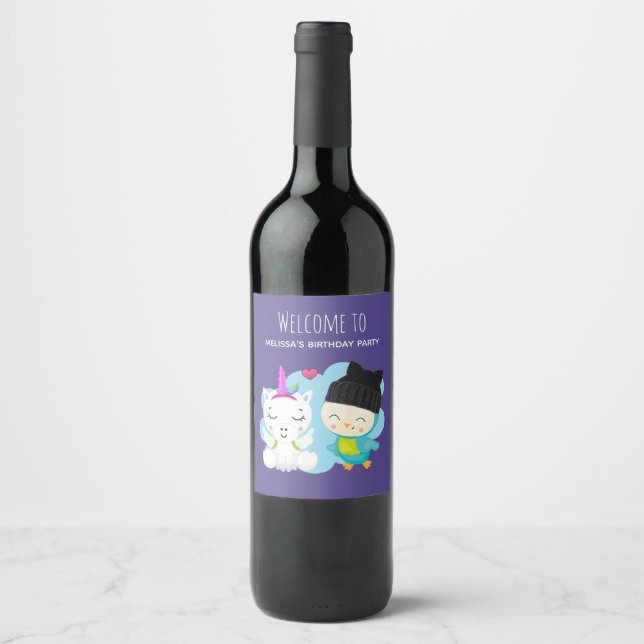 Cute Cartoon Pals -  Happy Unicorn & Bird Birthday Wine Label (Front)