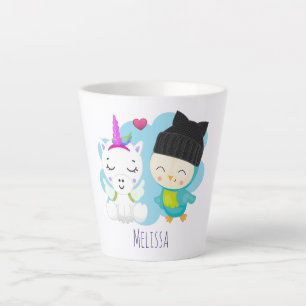 Cute Cartoon Pals -  Happy Unicorn & Bird Latte Mug
