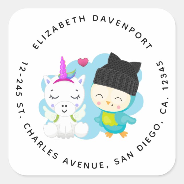 Cute Cartoon Pals -  Happy Unicorn & Bird Square Sticker (Front)
