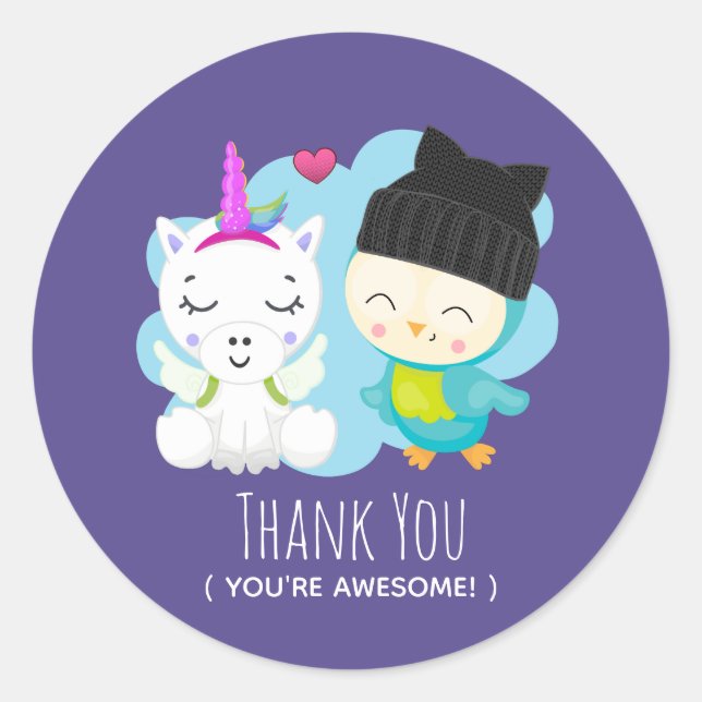 Cute Cartoon Pals -  Happy Unicorn & Bird Thanks Classic Round Sticker (Front)