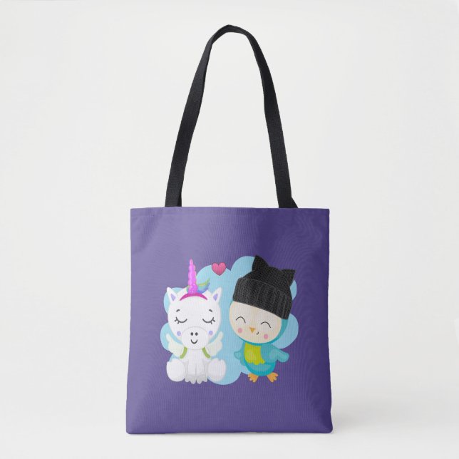 Cute Cartoon Pals -  Happy Unicorn & Bird Tote Bag (Front)