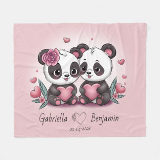 Cute Cartoon Panda Lovers Heart Valentine’s Day  Fleece Blanket