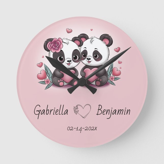 Cute Cartoon Panda Lovers Heart Valentine’s Day  Round Clock (Front)