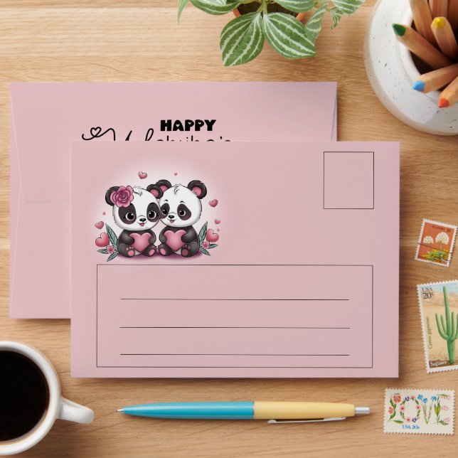 Cute Cartoon Panda Lovers Hearts Valentine’s Day Envelope (Desk)
