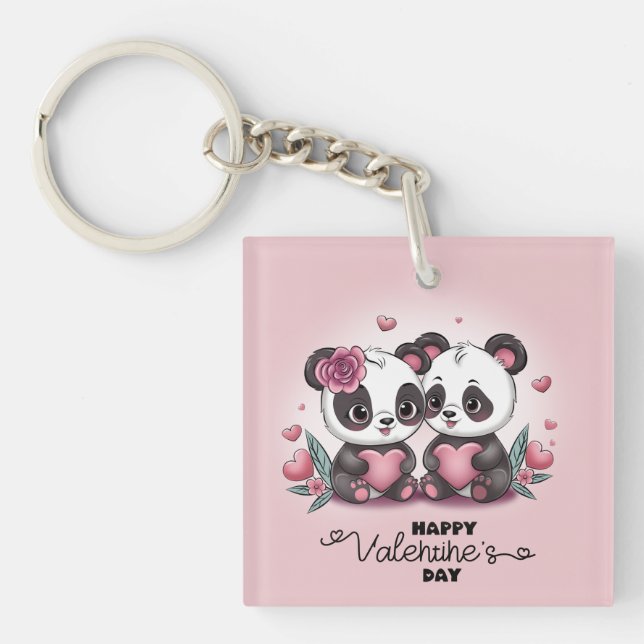 Cute Cartoon Panda Lovers Hearts Valentine’s Day Keychain (Front)