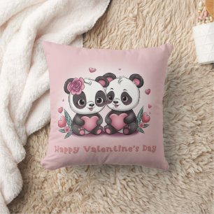 Cute Cartoon Panda Lovers Hearts Valentine’s Day Throw Pillow