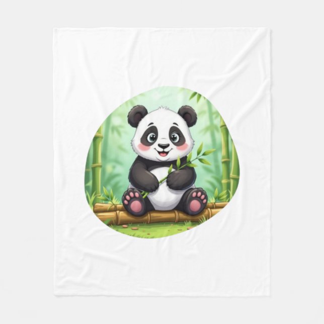 Cute Cartoon Panda on Bamboo Patch Fleece Blanket (Front)
