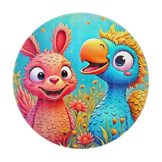 Cute Cartoon Parrot Bunny Art Cutting Board (Front)