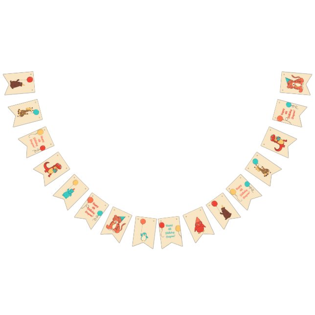 Cute Cartoon Party Animals Personalized Birthday Bunting Flags (All)