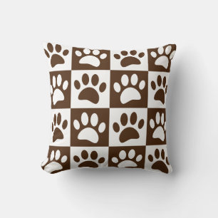 Cute Cartoon Paw Prints Brown Chequerboard Throw Pillow