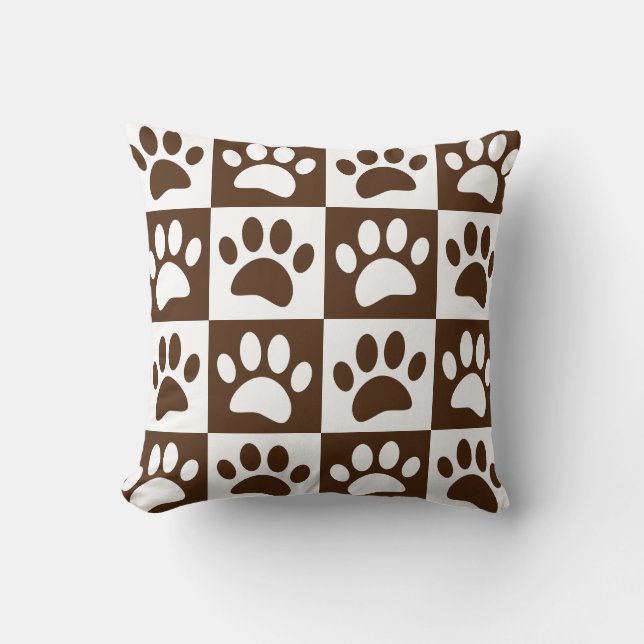 Cute Cartoon Paw Prints Brown Chequerboard Throw Pillow (Front)