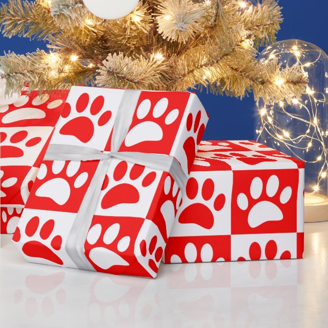 Cute Cartoon Paw Prints Chequerboard Bright Colour Wrapping Paper (Holidays)