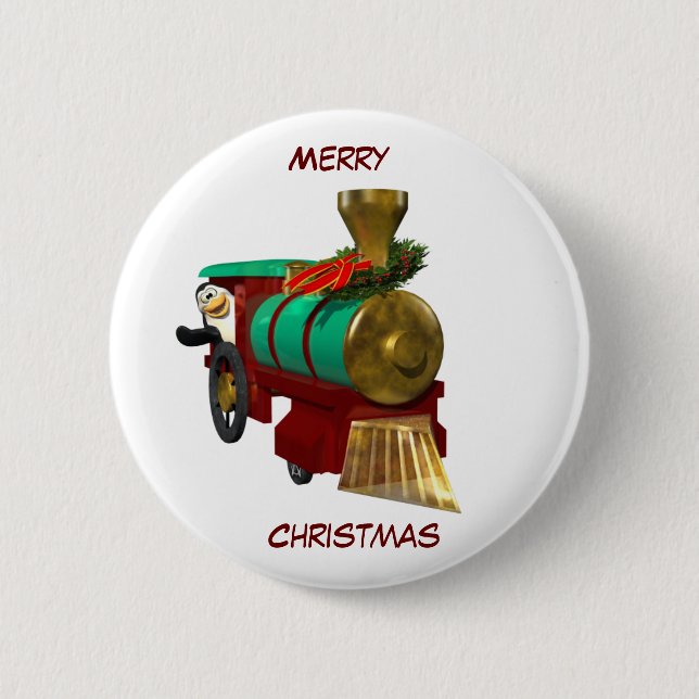 Cute Cartoon Penguin and Christmas Train 2 Inch Round Button (Front)