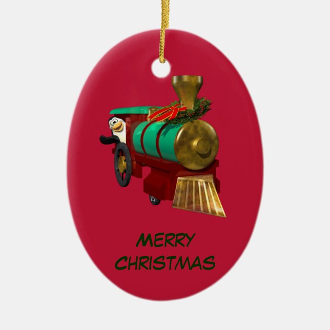 Cute Cartoon Penguin and Christmas Train Ceramic Ornament (Front)