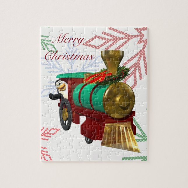 Cute Cartoon Penguin and Christmas Train Jigsaw Puzzle (Vertical)