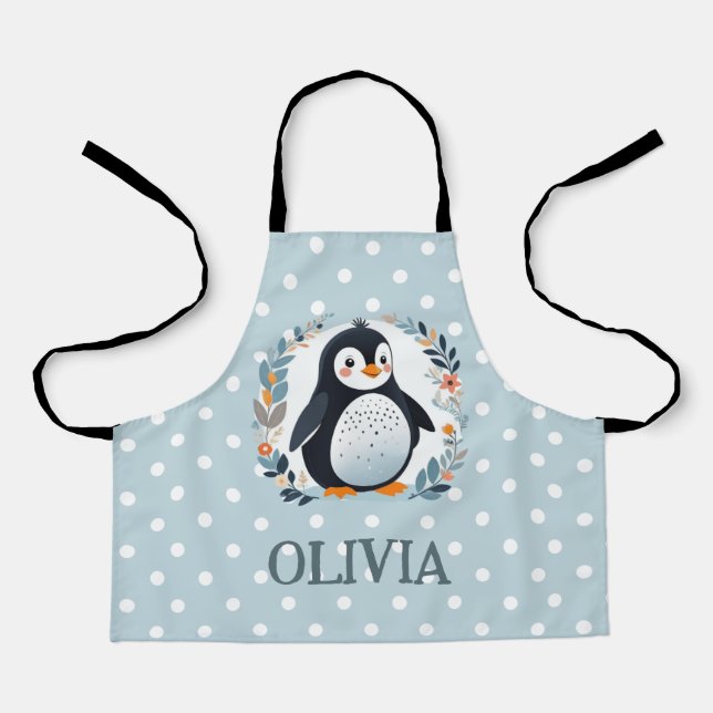 Cute Cartoon Penguin and Flowers  Apron (Front)