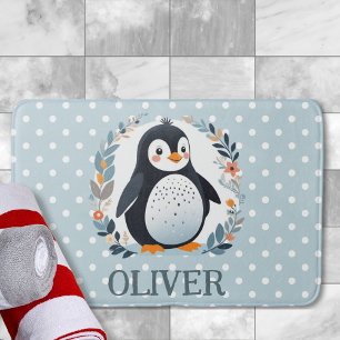 Cute Cartoon Penguin and Flowers  Bath Mat