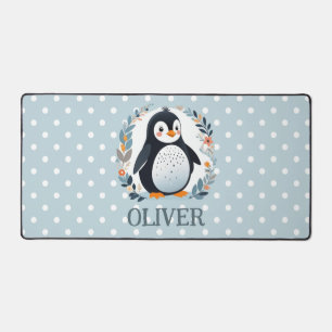 Cute Cartoon Penguin and Flowers Desk Mat