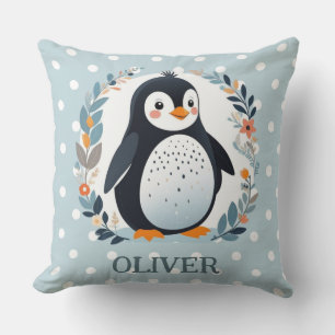 Cute Cartoon Penguin and Flowers  Throw Pillow