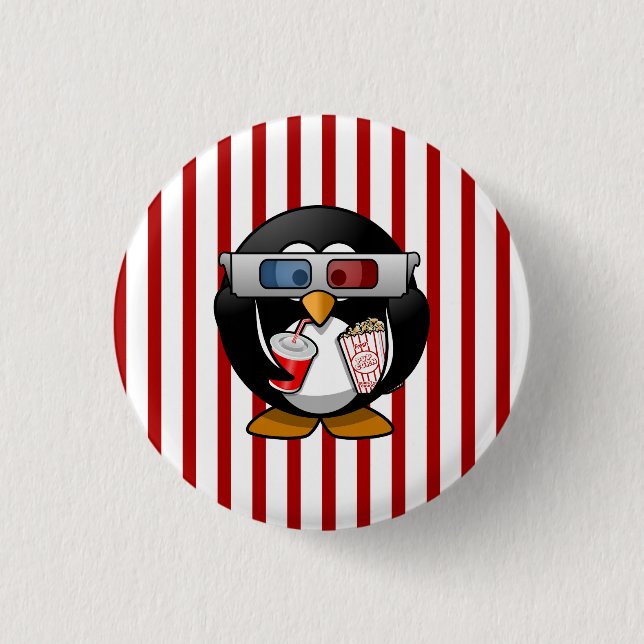 Cute Cartoon Penguin at the Movies With Stripes 1 Inch Round Button (Front)