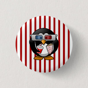 Cute Cartoon Penguin at the Movies With Stripes 1 Inch Round Button