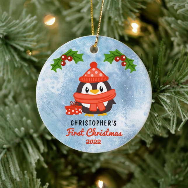 Cute Cartoon Penguin Baby's First Christmas Photo  Ceramic Ornament (Tree)