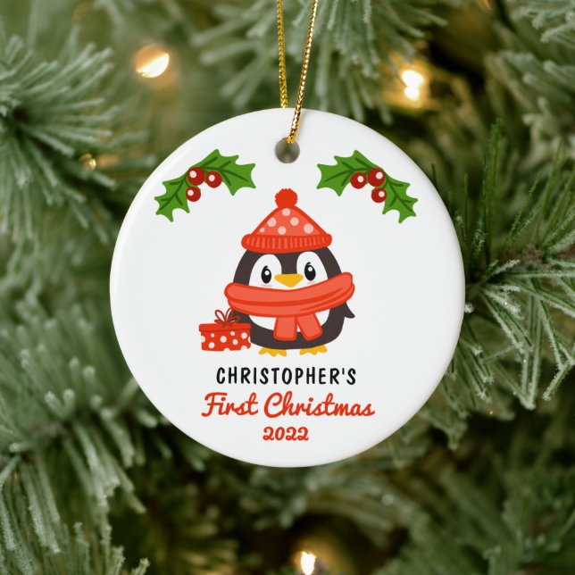Cute Cartoon Penguin Baby's First Christmas Photo  Ceramic Ornament (Tree)