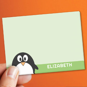 Cute Cartoon Penguin - Custom Name Green Post-it Notes