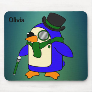 Cute cartoon penguin dark emerald teal mouse pad