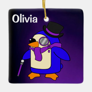 Cute cartoon penguin deep purple and violet ceramic ornament
