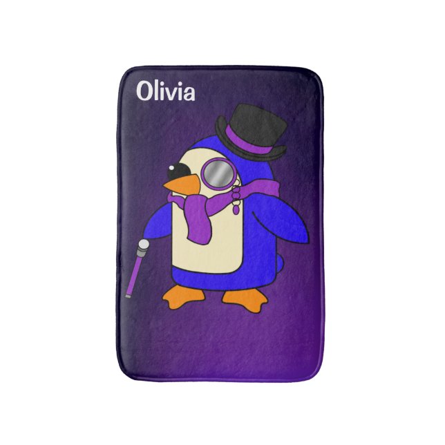 Cute cartoon penguin deep purple violet bath mat (Front Vertical)
